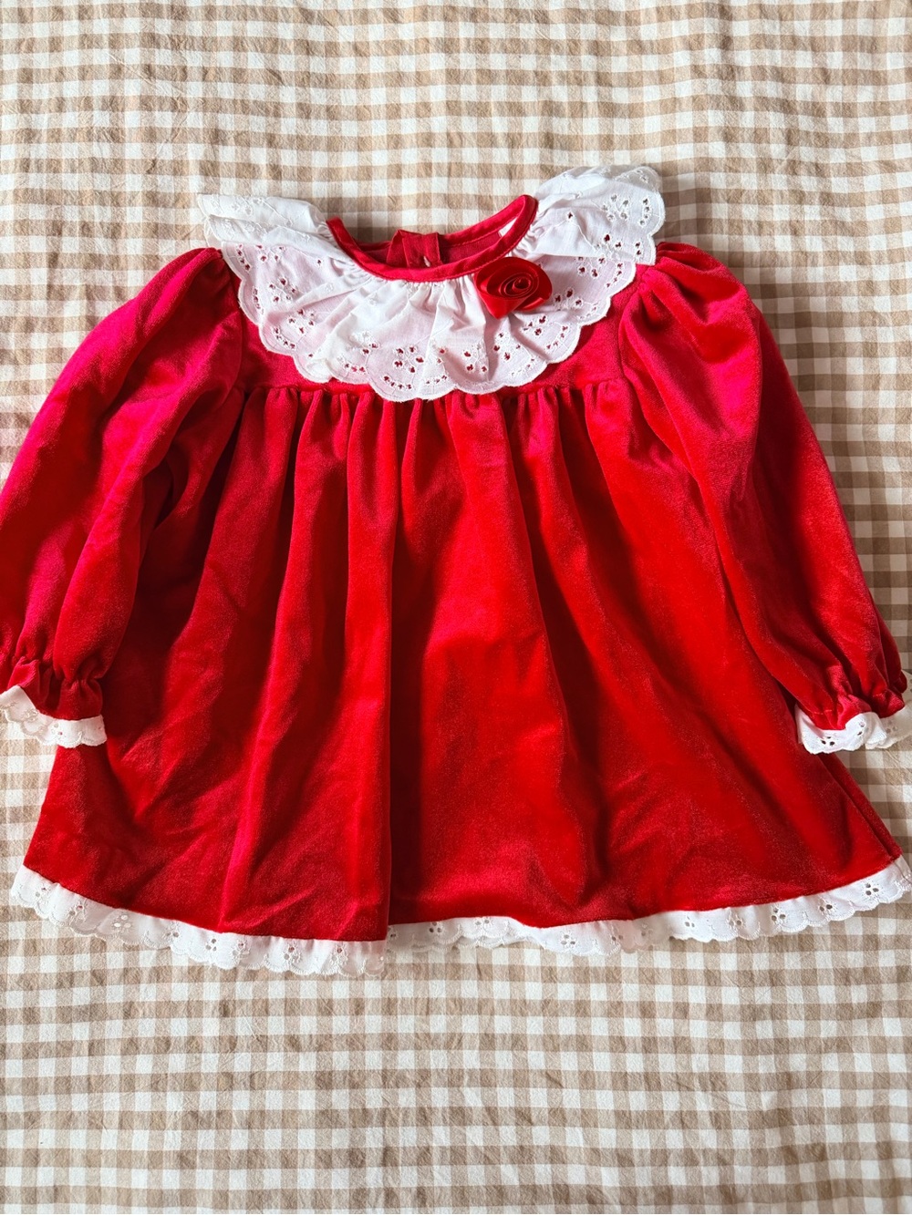 Vintage Red Velvet Girls' Dress Top with White Eyelet Collar